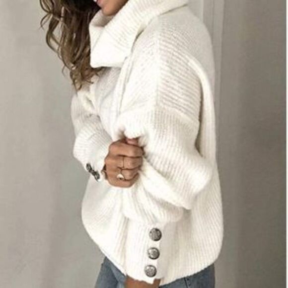 New Turtle Cowl Oversized Button Sleeves Sweater - Picture 5 of 8